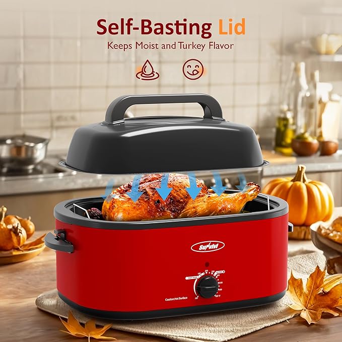 Sunvivi 26 Quart Roaster Oven, Electric Roaster Oven with Glass Lid, Turkey Roaster Buffet with Self-Basting Lid, Removable Pan, Cool-Touch Handles, Red