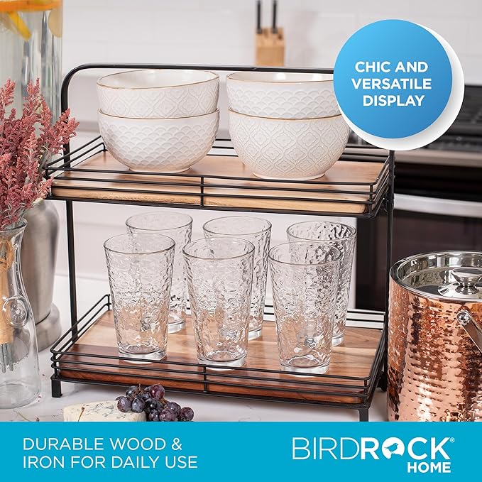 BIRDROCK HOME 2-Tier Wood & Iron Serving Tray w/Handle – Rustic Farmhouse Dessert Server – Party Display Stand - Cupcakes, Appetizers, Fruits & Pastries – Modern Kitchen Tiered Platter – Natural