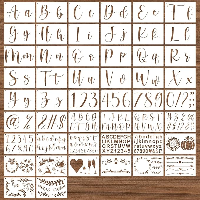 BAMIDELE Letter Stencils for Painting on Wood, 50 Pcs Calligraphy Alphabet Drawing Templates with Numbers, Signs, Reusable Cursive Plastic Art Craft Stencils