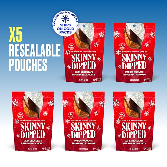 SkinnyDipped Dark Chocolate Peppermint Almonds, Healthy Snack, Plant Protein, Gluten Free, 3.5 oz Resealable Bags, Pack of 5