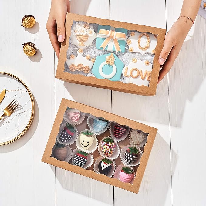 24PCS 10 x 7 x 2.5 inches Professional One Piece Strawberries Boxes, Cookies Boxes with With Clear Window for Visibility, Brown Natural Kraft Paper Box