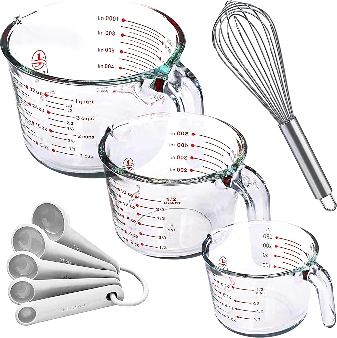 Set of 3 Glass Measuring Cups with Measuring Spoons & Whisk - Kitchen Mixing Bowl Liquid Measure Cup, Glass Bakeware. 1 cup, 2 cup, 4 cup.