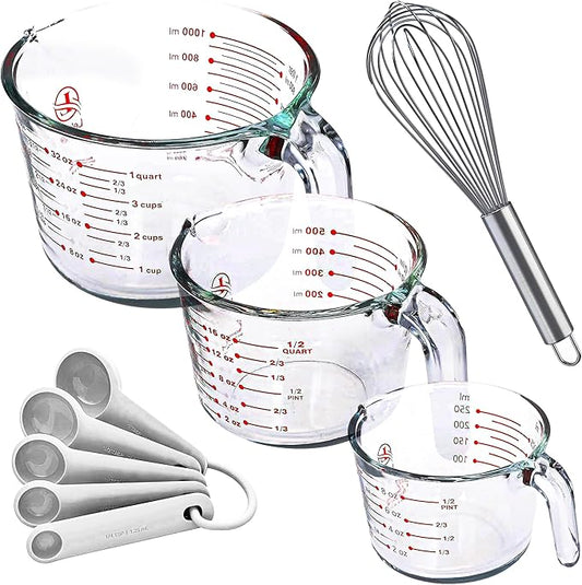 Set of 3 Glass Measuring Cups with Measuring Spoons & Whisk - Kitchen Mixing Bowl Liquid Measure Cup, Glass Bakeware. 1 cup, 2 cup, 4 cup.