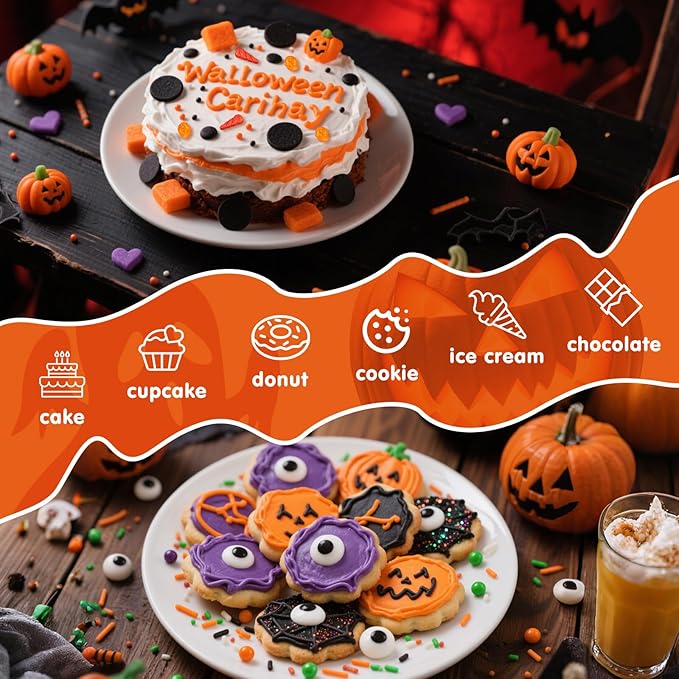Halloween Sprinkles,Edible Candy Eyeballs,4 Pack,12 ounces,Nonpareils Sprinkle,Thanksgiving Sprinkle,Orange Pumpkin Black Green Pearls Jimmies Sanding Sugar Mix,Perfect for Cake Decorations,Baking,Cookies, Cupcake Topper