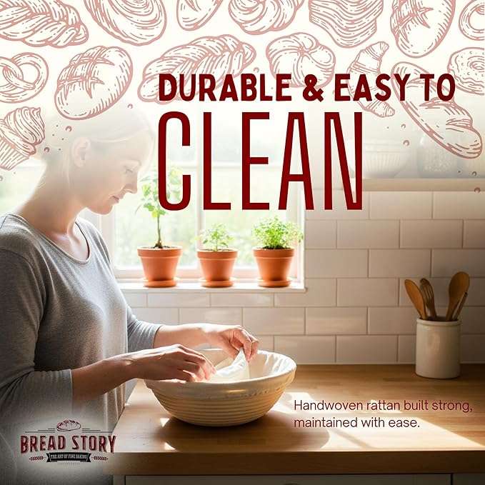 Bread Story Round Banneton Bread Proofing Basket Set – Handmade Rattan Brotform Dough Bowl with Cloth Liner, Sourdough Tools & Baking Supplies for Home Bakers – Baking Kit, 10 Inch