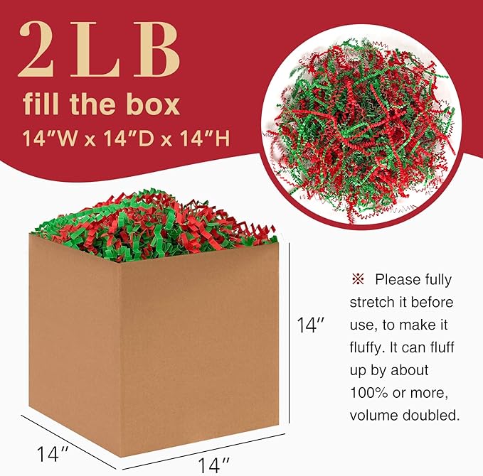 2LB Crinkle Paper Shred Filler for Gift Box Bag and Basket On Christmas Day(Red&Green)