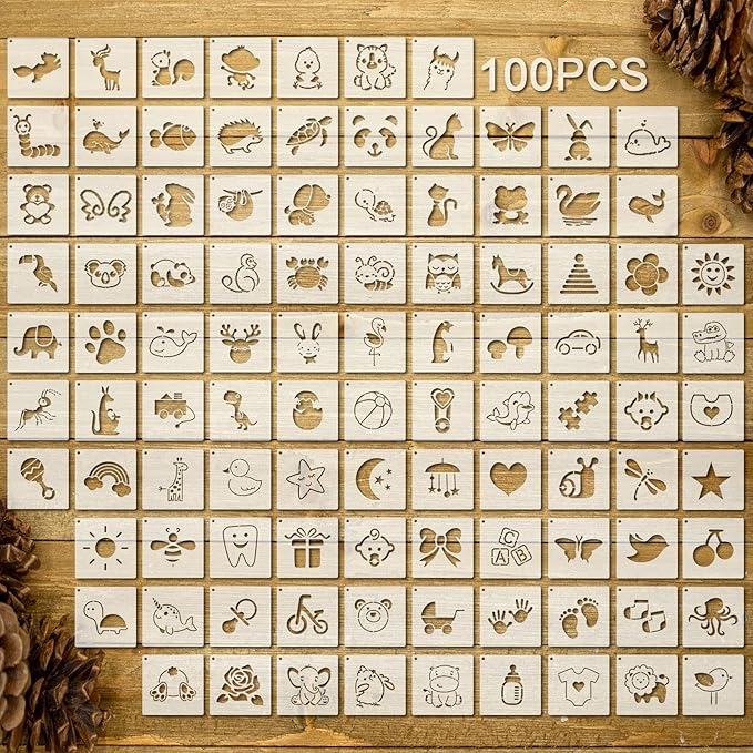 100 Pcs Stencils for Painting on Wood Reusable Stencil Crafts Drawing Templates Holiday Wall Paper for DIY Scrapbook Home 2 x 2 Inch(Cute Baby Animal Style)