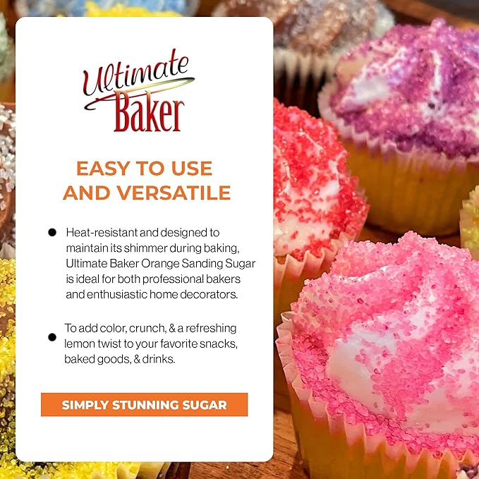Ultimate Baker - Sanding Sugar, Orange - Vibrant, Naturally Colored Baking & Decorating Sugar, Perfect for Sprinkling on Cakes, Desserts & Ice Cream, Medium Crystal - 16oz