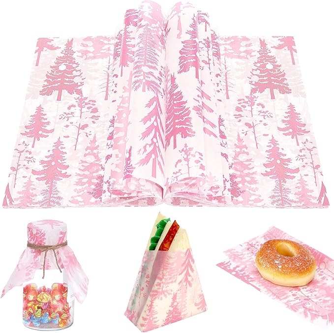 150Pcs Christmas Tree Deli Paper, 9.8 x 8.3'' Forest Grease Proof Food Deli Sheets, Resistant Sandwich Wrap Liners Greaseproof Food Wax Paper for Xmas Winter Party Supplies (Pink)