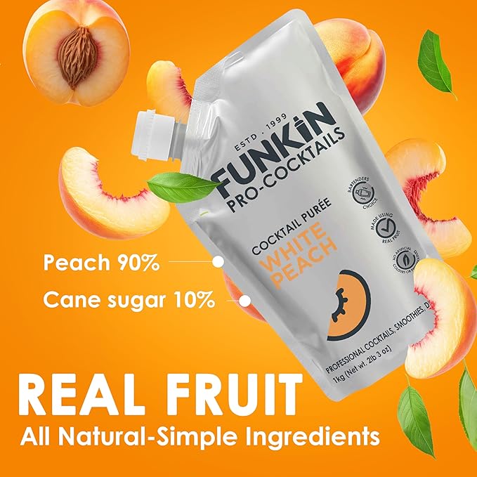 Funkin Fruit Puree | Real Fruit, Simple Ingredient, Natural Mixer for Cocktails, Drinks, Smoothies | Vegan, Non-GMO, Gluten-Free (2.2 lbs) (White Peach)