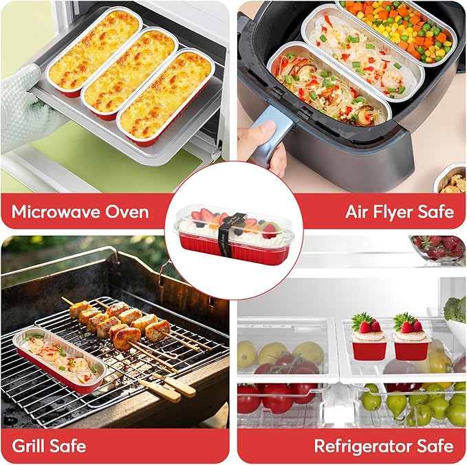 Ruckae 100 Pack Mini Loaf Pans with Lids and Spoons Stickers Disposable Aluminum Tin Foil Pans Rectangle Mini Loaf Cake Pan for Baking,Party,Picnics,Gifts(Red)