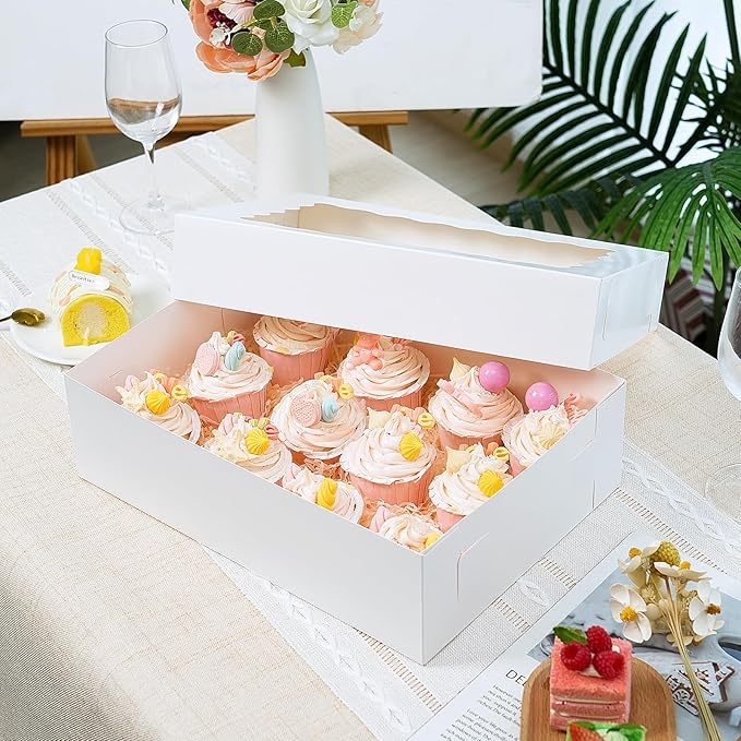 Moretoes 10pcs 14x10x4in Sheet Cake Boxes White Rectangle Bakery Boxes with Window, for Cake Pastry Baking Donuts Cupcake Pie Packaging