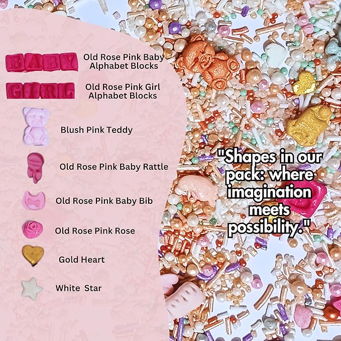 Confect Girls Baby Shower Sprinkles | Mix Gold, Pink & Silver Sprinkles | Pearls Dragees & Jimmies | Asssorted Pack of 5 Mix Heart, Start, Baby Rattle & Teddy Sprinkles | Vegan, Gluten-Free, Nut-Free, Soy-Free, Dairy-Free, Palm Oil-Free - 5 Oz