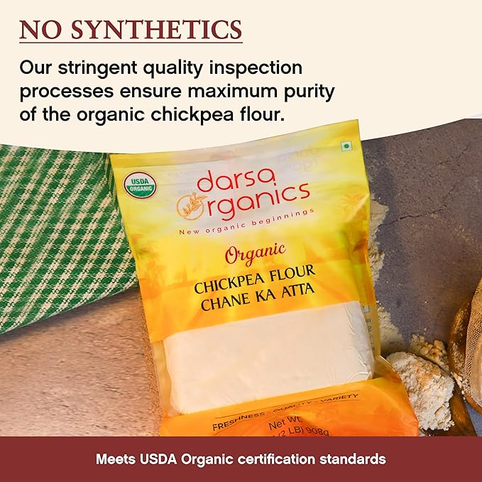 Darsa Organics Chickpea Flour, 2 lb - Premium Grade USDA Organic Certified Garbanzo Bean Flour, Besan for Cooking, Chane Ka Atta, Baking & Vegan Recipes, Gluten-Free, Non-GMO, Chemical-Free, Kosher, Vacuum-Sealed for lasting freshness