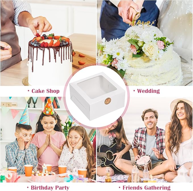 26pcs 10x10x5 Inches White Bakery Boxes Cake Boxes, White Bread Boxes with Windows for Pastries, Cupcakes,Cookies, Pie, Muffins and Donuts, Cake Boards Included