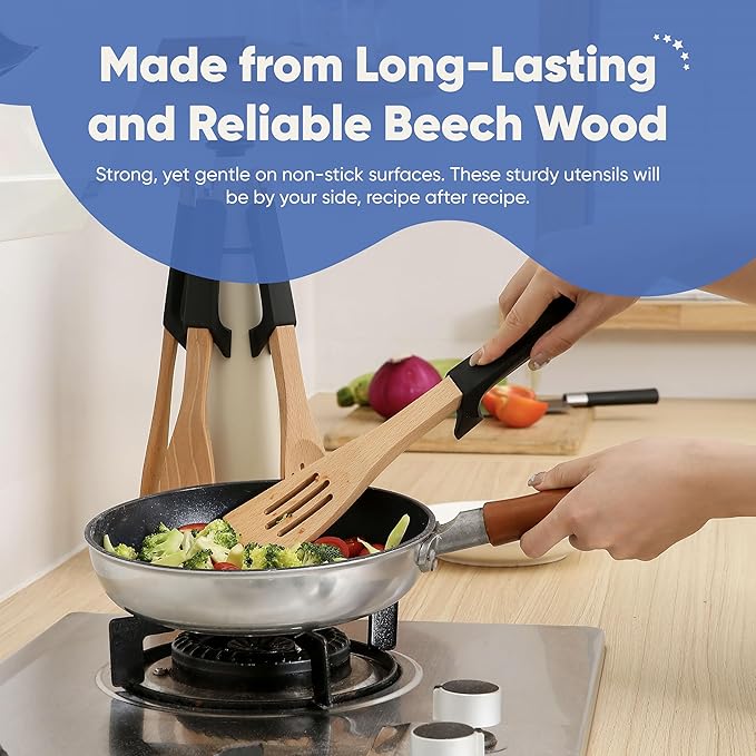 Chef's Path Wooden Cooking Utensils Set – 5-Piece Beech Wood Kitchen Utensils Set with Silicone Spoon Rest, Wooden Spatula, Serving Spoon, Wooden Spoons for Cooking & Rotating Utensil Holder, Black