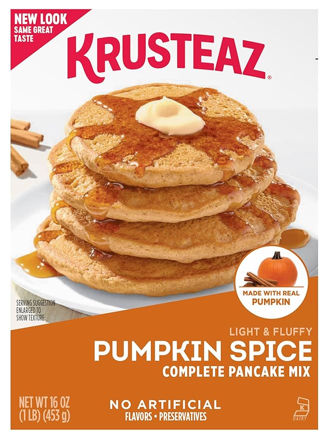 Krusteaz Baking Mix, Pumpkin Spice Complete Pancake Mix, Light & Fluffy, Made with Real Pumpkin & No Artificial Flavors or Preservatives, 16 OZ Box (Pack of 4)