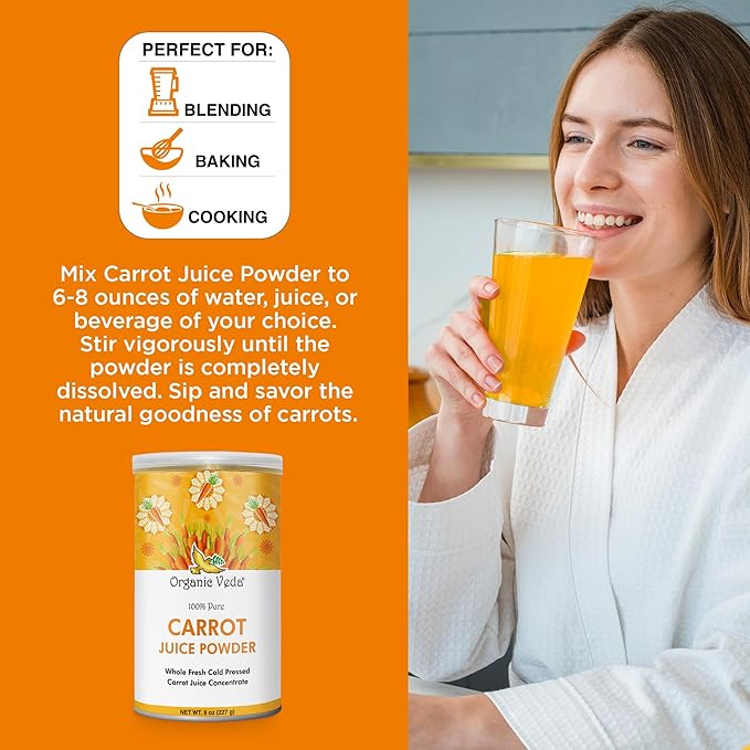 Organic Veda Carrot Powder - Made with Whole Fresh Cold Pressed Carrot Juice Concentrate - Ideal for Juice, Smoothie, Baking & Cooking - 100% Pure & Natural, 8 oz