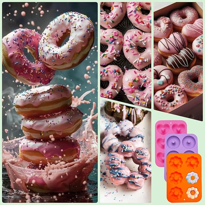 3pcs Silicone Donut Molds for Baking Round/Heart/Pumpkin Shaped Donut Pans 6 Cavity Nonstick Mini doughnut Pan BPA Free Heat Resistant Donut Baking Pan Bagels
