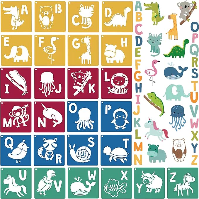 Stencils for Kids 26pcs Animal Drawing Stencils 8x8 Large Reusable Plastic Stencils with Letter A-Z for Boys Girls DIY Crafts