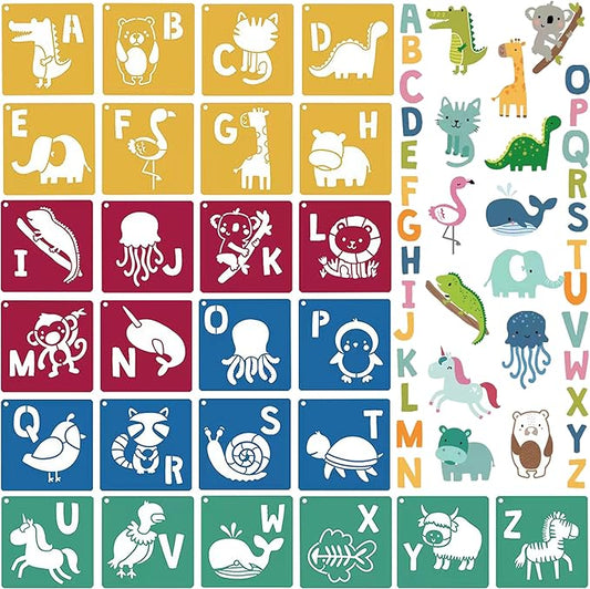 Stencils for Kids 26pcs Animal Drawing Stencils 8x8 Large Reusable Plastic Stencils with Letter A-Z for Boys Girls DIY Crafts