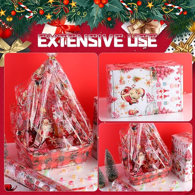 Kolewo4ever 100 Ft X 32 inch Pink Christmas Cellophane Wrap Roll Vintage Xmas Cellophane Wrap with Special Santa Claus Elk Xmas Tree for Christmas Gift Basket,Treat Wine