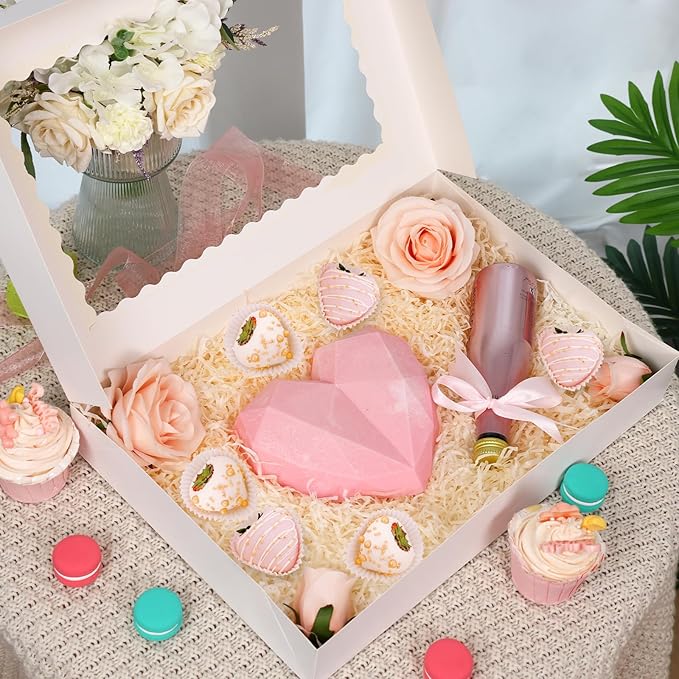 Moretoes 30pcs Cookie Boxes, 16x11x2.5 Inches Auto-Popup Bakery Boxes with Window for Pastries, Pies, Muffins, Chocolate Covered Strawberries