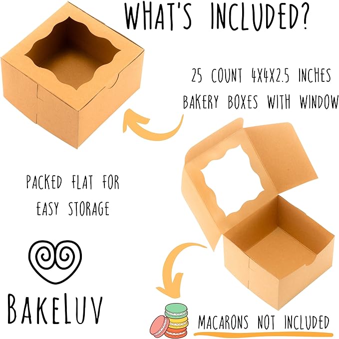 BAKELUV 25pcs Brown Small Cookie Boxes with Window, 4x4x2.5 Inches Bakery Boxes, Mini Cake, Treats, Macaron Packaging, Individual Cupcake, Gift Giving