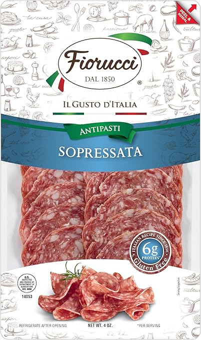 Fiorucci Sopressata, Delicately Seasoned with Whole Peppercorns, Gluten Free, 6g of Protein, 4 Oz (Pack of 12)