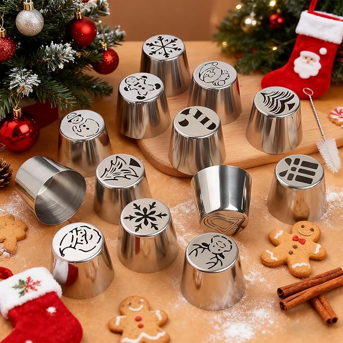25 Pieces Stainless Steel Extra Large Christmas Piping Tips Set,13 Christmas Frosting Icing Tips with 10 Disposable Pastry Bags,1 Small Russian Tip,1 Cleaning Brush for Cake Decorations