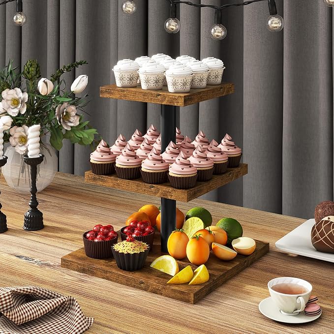 IBUYKE 3 Tier Cupcake Stand,Wood Durable Cupcake Tower,Square Serving Dessert Display Stand,Cupcake Tray Stand,Dessert Tree Tower for Christmas Birthday,Home Party, Wedding, Baby Shower,Rustic Brown UTLJ014H