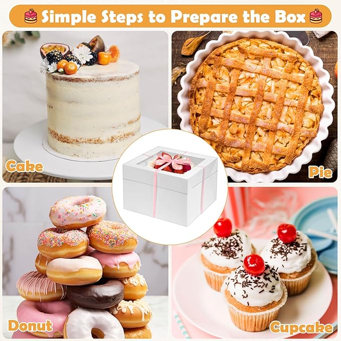 24 Pcs Cake Boxes 12 inch with 12x12x8 Inches 12Pcs Tall Cake Box,10Pcs Cake Board, Stiker &Ribbon, Large Baking Boxes, Square Cardboard Cake Boxes for Multi-Layer Cakes