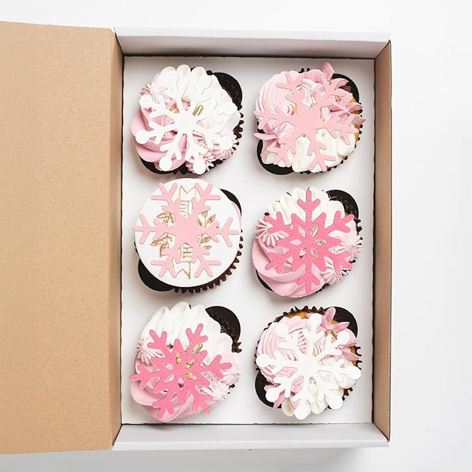 Gyufise 60Pcs Edible Snowflake Cupcake Toppers Winter Cupcake Picks Water Paper Winter Frozen Cake Decorations for Snowflake Theme Baby Shower Kids Birthday Party Supplies Light Pink White