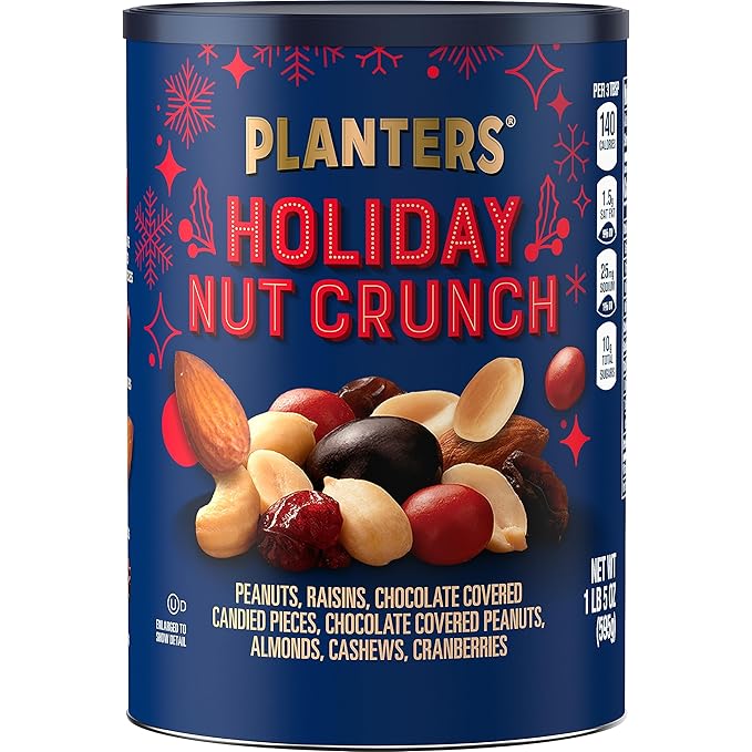PLANTERS Holiday Nut Crunch Mix with Peanuts, Raisins, Chocolate Covered Peanuts, Almonds, Cashews, Cranberries, Holiday Snack, Party Nut Mix, 21oz Canister