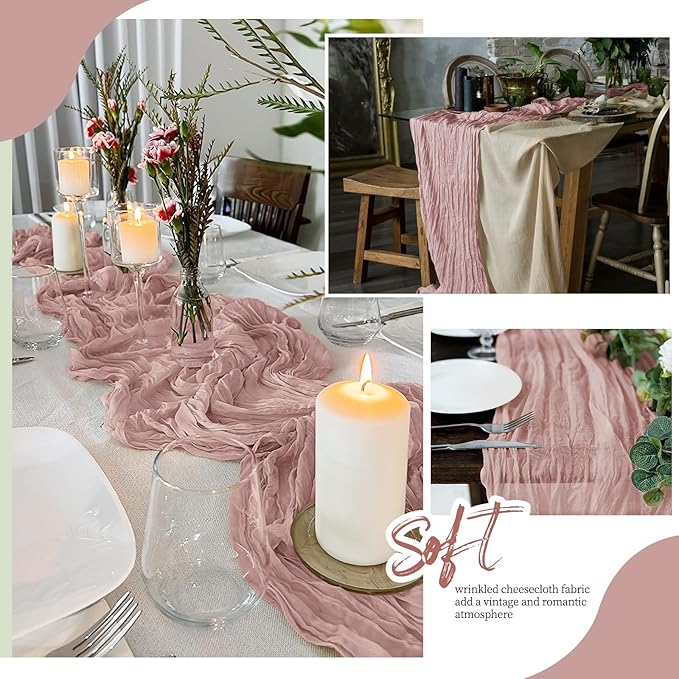 6 Pack Dusty Pink Cheesecloth Table Runner 17x108 Inch Semi Sheer Boho Gauze Cheese Cloth Fabric Table Runners, for Wedding Party Baby Shower Birthday Home Decor Garden Farmhouse