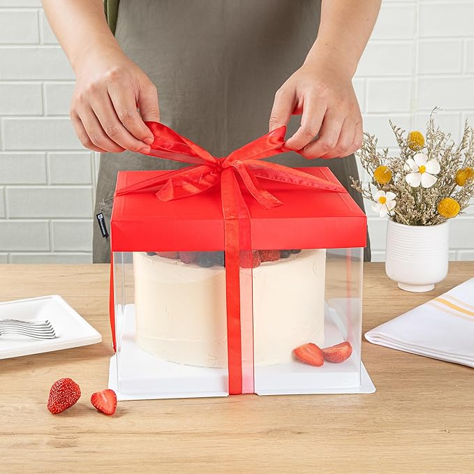 Restaurantware Sweet Vision 8.5 Inch x 6.75 Inch Transparent Cake Boxes 10 Grease Resistant Base Clear Cake Boxes - Red Lid Red Ribbon Plastic Birthday Cake Boxes For Weddings Or Birthdays