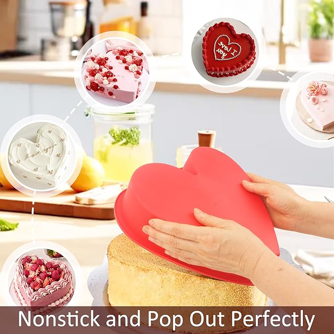 MILIVIXAY 2PCS Heart Shaped Cake Pans, 8 Inch Cake Mold, Red, Thick Style, Completely Non Stick, Food Grade Silicone, Easy To Store and Wash, Microwave, Freezer and Oven Safe.