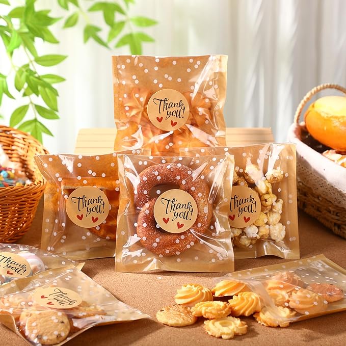 Self Adhesive Cookie Bags Cellophane Polka Dot Treat Bags Small Plastic with Thank You Stickers for Party Gift Giving Bakery Biscuit Candy Pastry(5.6 x 5.6 Inch,Small Dot,100 Pcs)