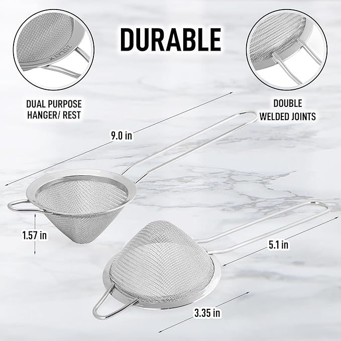 Zulay Kitchen 304 Stainless Steel Fine Mesh Strainer For Kitchen - Sieve Sifters For Food, Tea, Rice, Oil, Noodles, Fruits, Vegetables - Rust-Proof, Easy to Clean Drink Strainer (Silver)