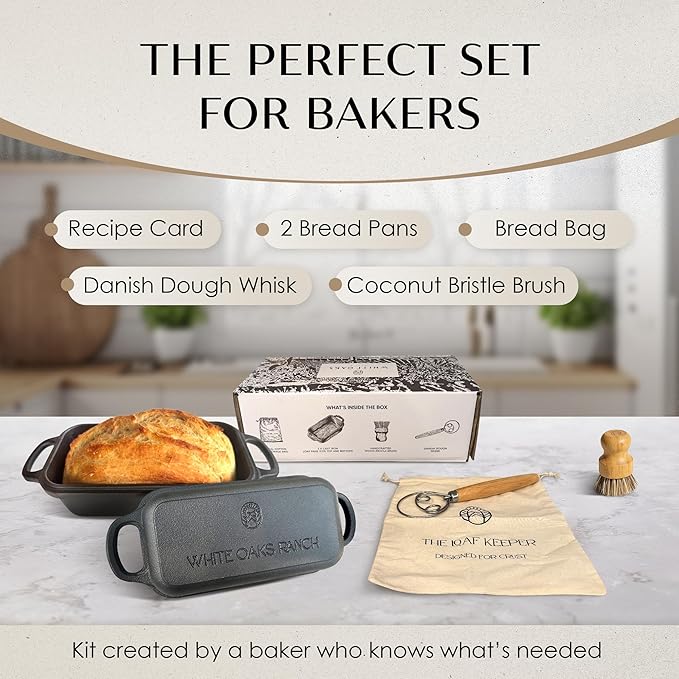 Cast Iron Bread Loaf Pan + Bread Bag + Dough Whisk + Brush | 2-in 1 Pre-Seasoned oven-safe bread pan for homemade bread | 5-Piece Set