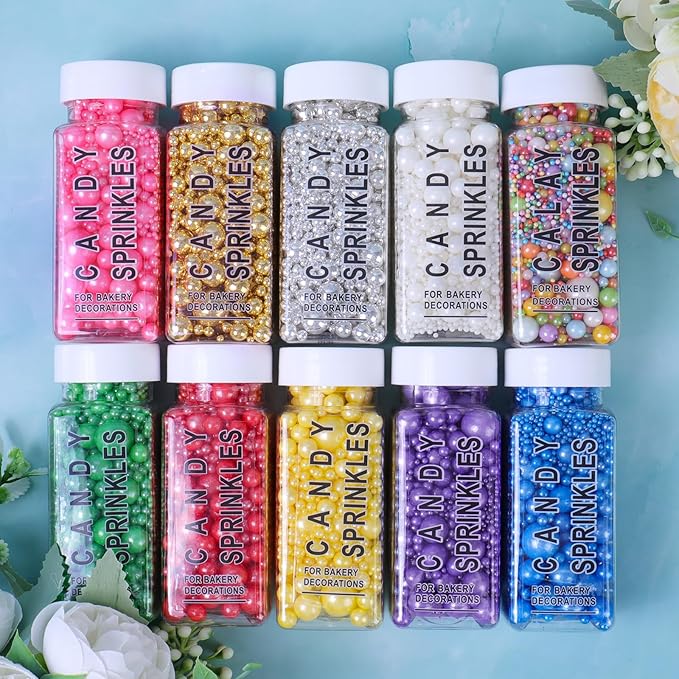 Silver Sprinkles for Cake Decorating, Pearl Sugar in Mix Sizes 130g/4.6oz, Baking Cupcakes, Donuts, Macarons Baking Toppings, Wedding Celebration Birthday Party Supplies