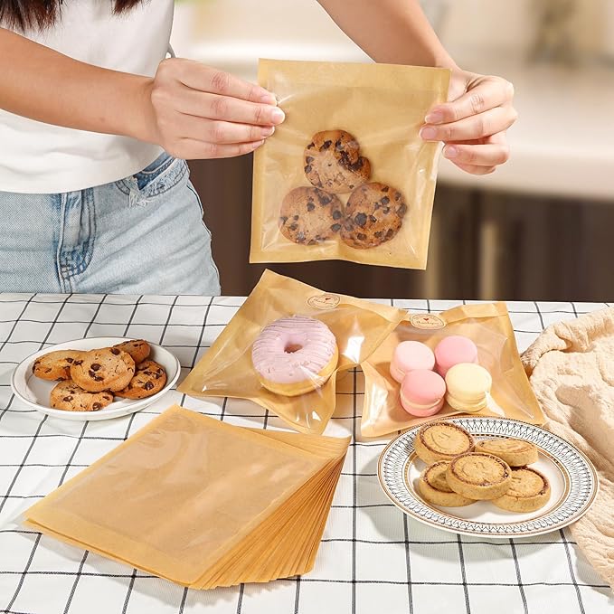 SUREHOME Cookie Bags Small Brown Paper Bags with Window 100 Pcs Thank You Stickers 5.7 x 6.5 Inch Individual Heat Sealable Kraft Bakery Bags for Gift Giving, Treats, Snacks, Baked Goods Packaging