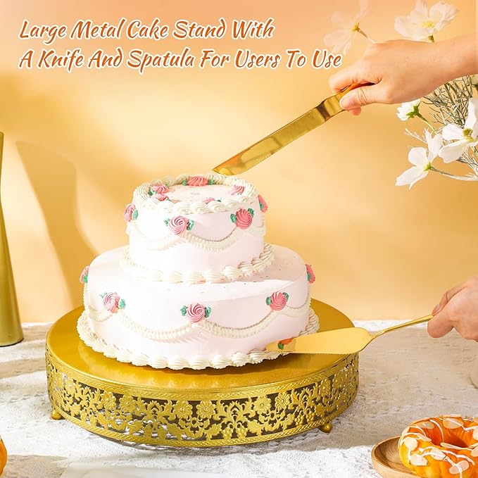 Wenqik 14 Inch Gold Metal Cake Stand Set Round Cupcake Dessert Stand with Cake Cutting & Spatula Candy Table Display for Party Wedding Birthday Baby Shower Housewarming Party Celebration