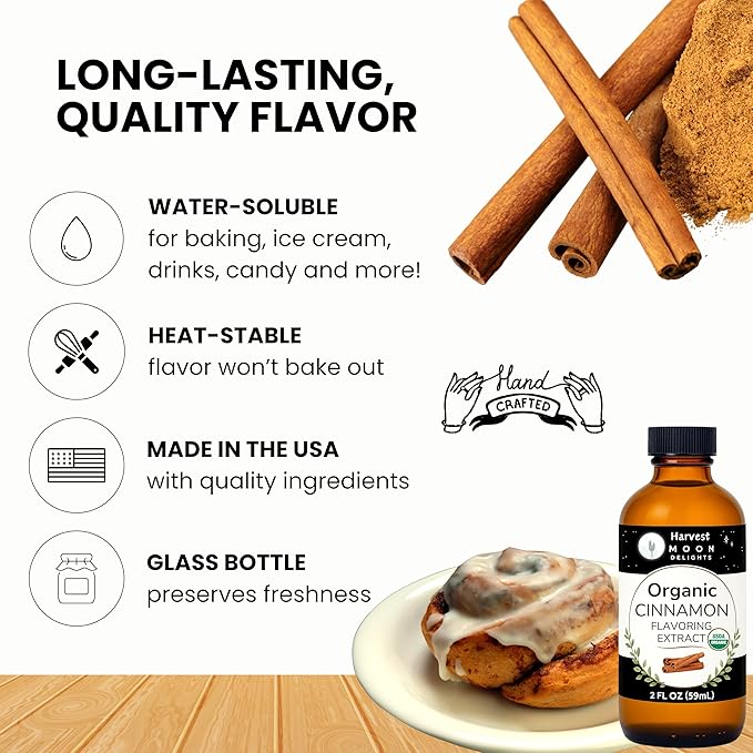 Organic Cinnamon Flavoring Extract for Baking, Ice Cream, Drinks, and Candy - 2 oz - Water-Soluble - By Harvest Moon Delights - Pure Cinnamon Extract, Flavoring, Flavor