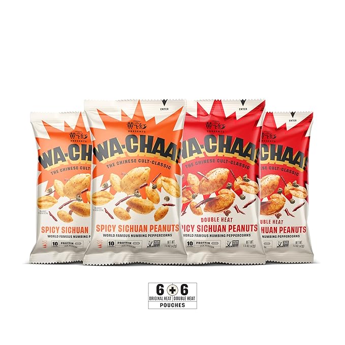 WA-CHAA! Spicy Sichuan Peanuts, Numbing Mala Peppercorns, Toasted Chili Flakes, Protein-Packed, Party Snacks, Non-GMO, On-The-Go Travel Size 1.5 Oz (12 Pack, Variety (6 Original, 6 Double Heat))