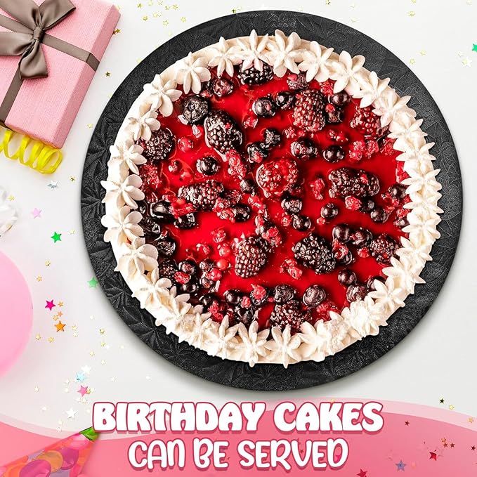 12 Inch Cake Drum - Black Round 12 Inch Cake Boards for Holiday Dessert Presentation, Grease and Moisture Resistant, Thick Durable Material with Fancy Pattern, Great for Christmas Parties & Birthdays