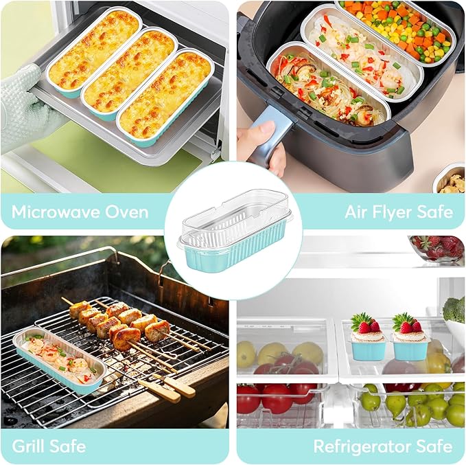 Ruckae 100 Pack Mini Loaf Pans with Lids and Spoons Disposable Aluminum Tin Foil Pans Rectangle Mini Loaf Cake Pan for Baking,Party,Picnics,Gifts Light Blue