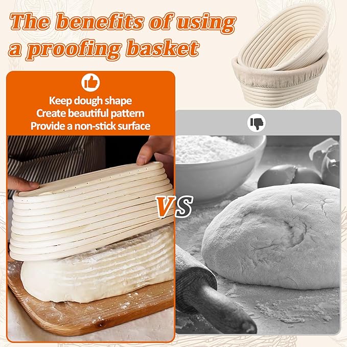 6 Pack Banneton Proofing Basket Set, 10 Inch Oval Sourdough Bread Proofing Baskets with Liners, Dough Rising Bowls for Professional & Home Bakers, Bread Making Tools & Baking Supplies