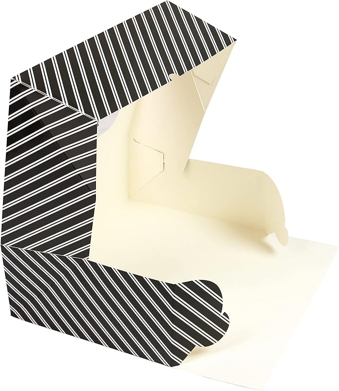 Global Sugar Art Popup Quarter Sheet Cake & 12 Cupcake Box with Window and Cupcake Insert, Black and White Stripe 14 x 10 x 4 Inches, 5 Count. For 9 x 13 sheet cakes, cookies, pastries, desserts.