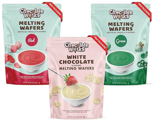 Holiday Melting Chocolate Discs, Red, Green & White, Chocolate Melts for Coating, Dipping & Candy Decorating, Bulk Chocolate Wafer Candy Melts, 5 Pack (2 Red, 2 Green, 1 White), 1 lb Each